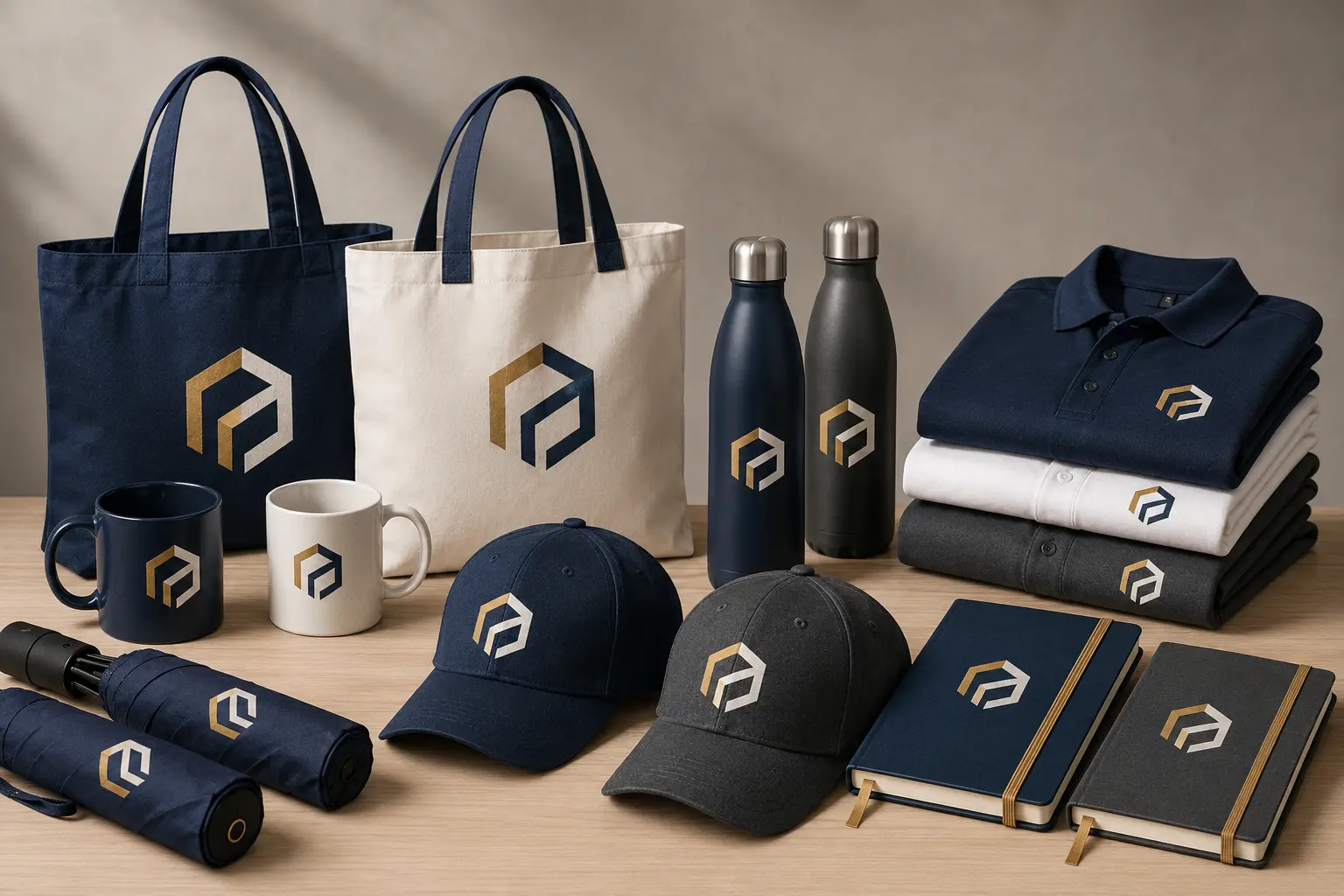 Coordinated branded merchandise including bags, mugs, bottles, shirts, caps, umbrellas, and notebooks