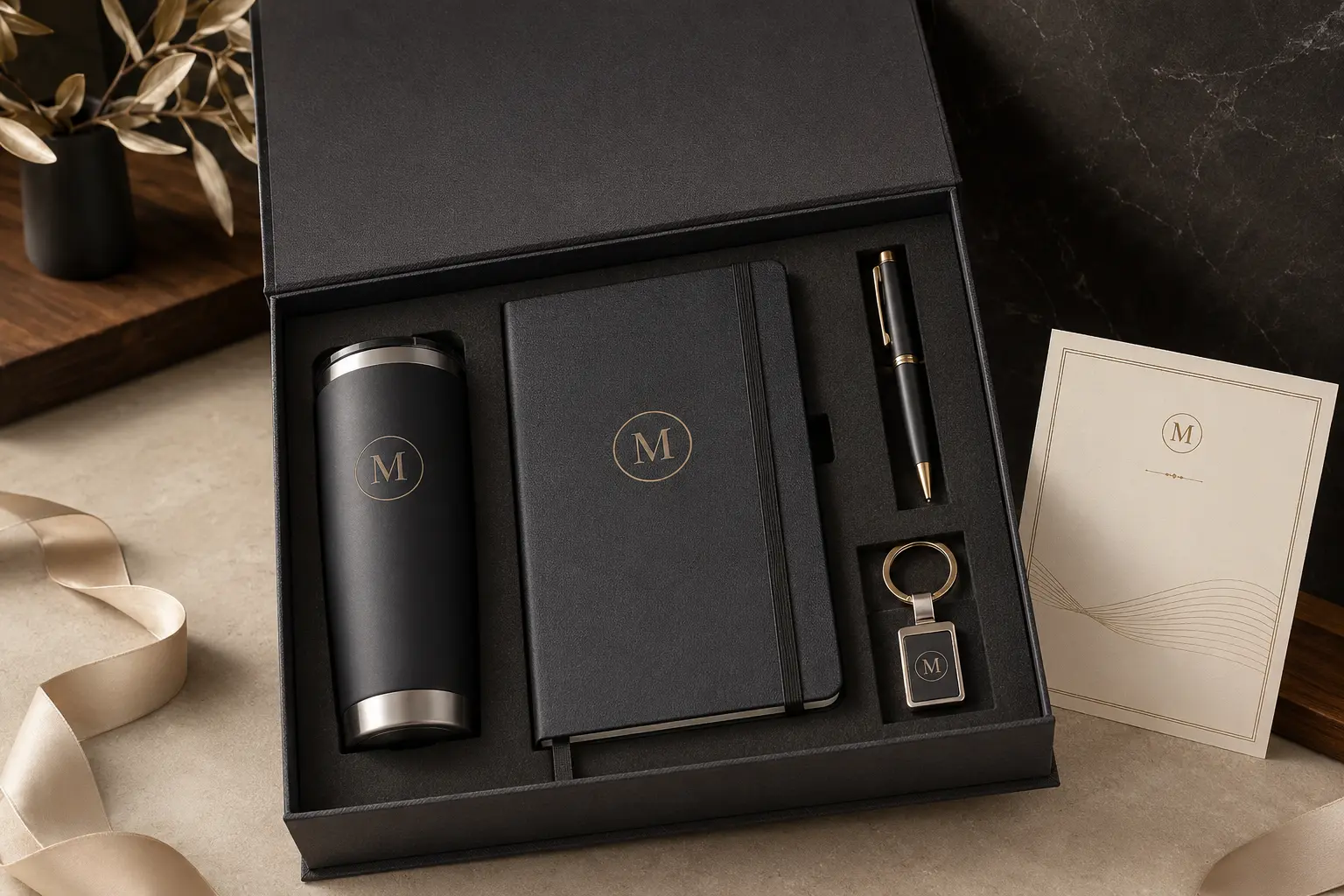 Premium customized gift box containing a tumbler, notebook, pen, keychain, and message card