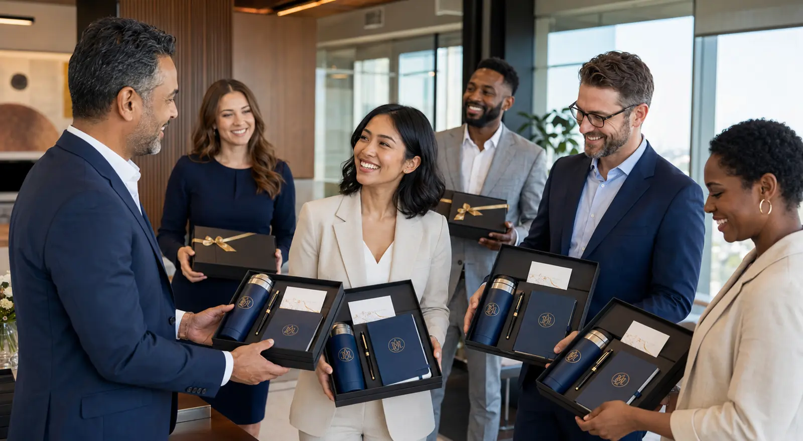 Employees receiving personalized corporate gift boxes during a company recognition event