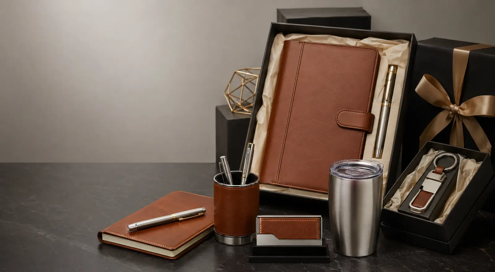 Elegant leather organizers, pens, tumbler, and executive desk accessories presented as premium gifts