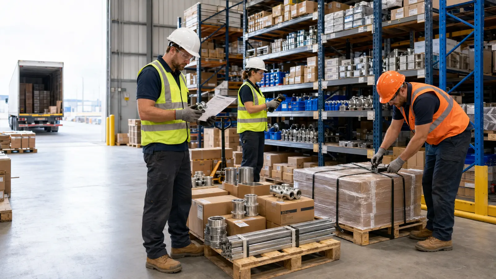 Industrial supply team inspecting and preparing client orders for delivery