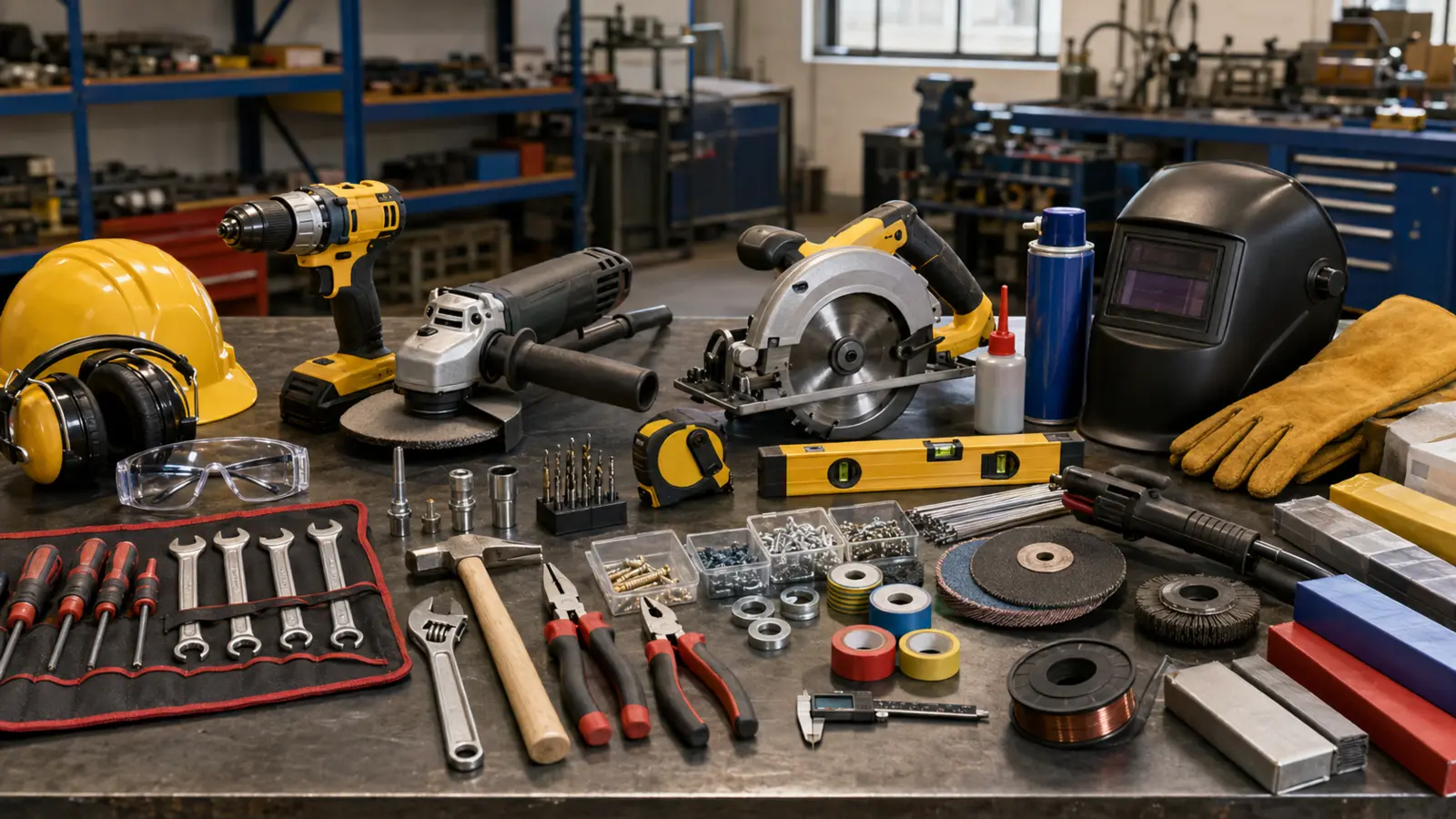 Industrial tools, safety equipment, and workshop supplies arranged on a workbench