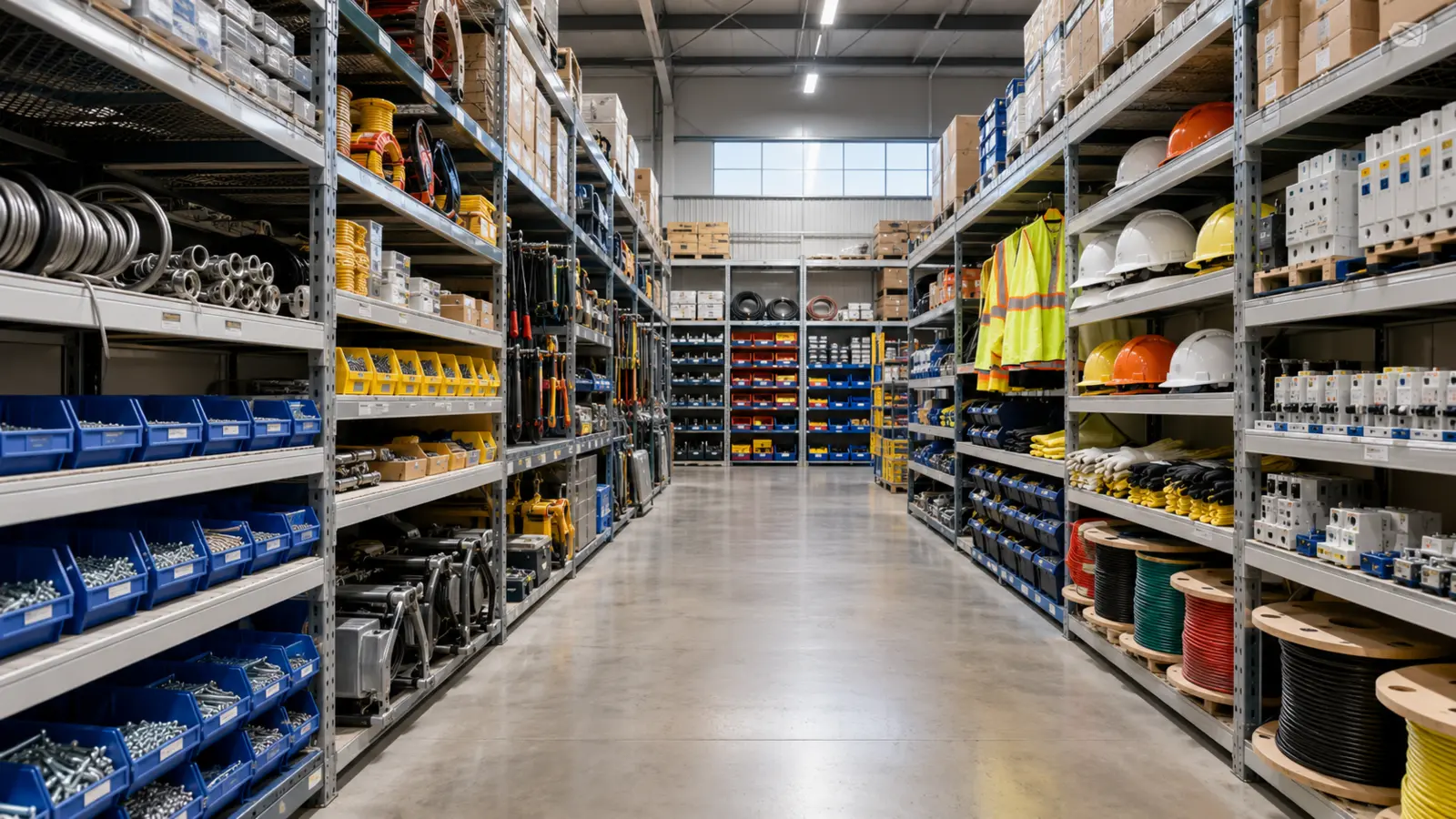 Organized warehouse containing industrial tools, components, and maintenance supplies