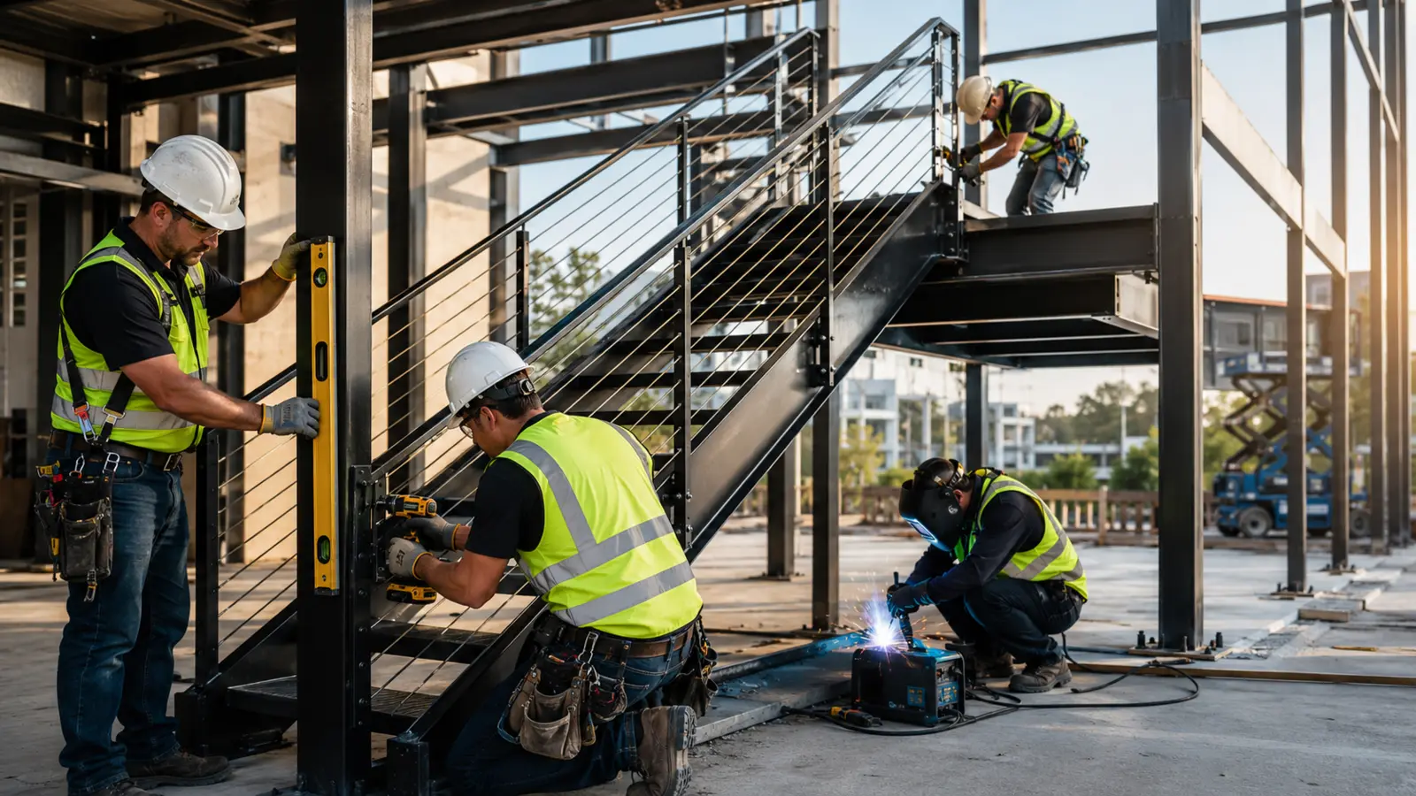 Construction team installing a fabricated steel staircase and structural frame