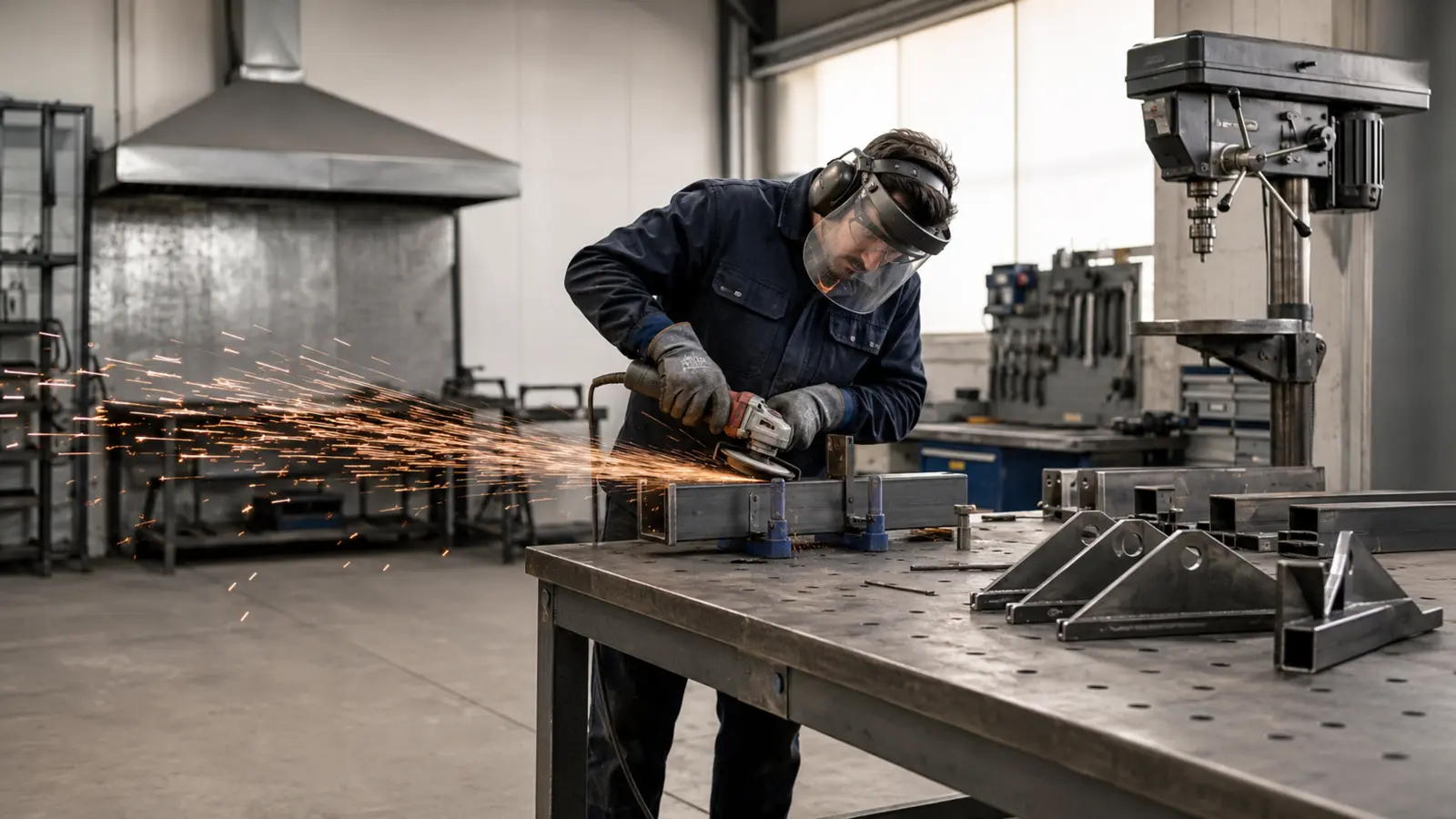 Metalworker precisely grinding a custom steel component in a fabrication workshop