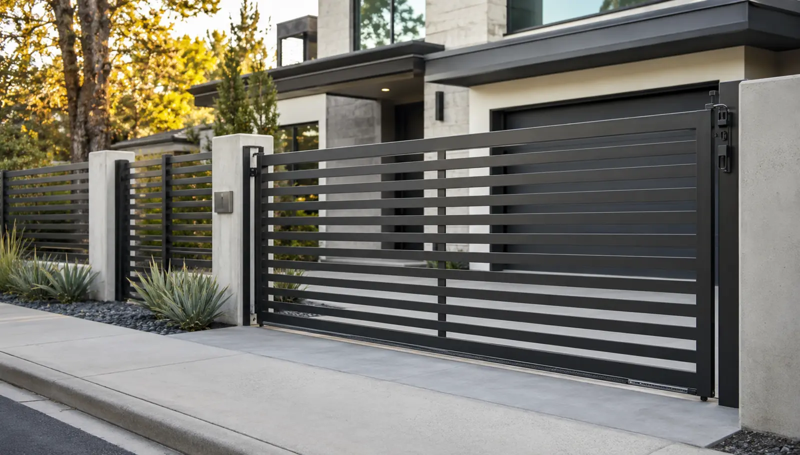 Finished modern steel gate and perimeter fence at a residence