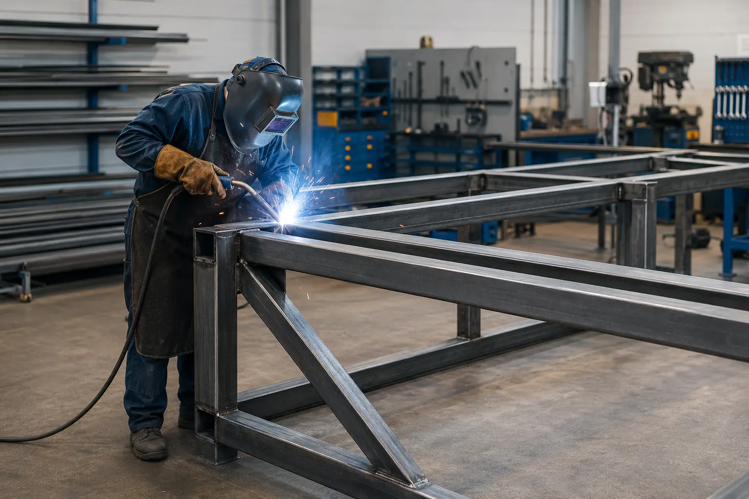 Welder assembling a large steel support frame