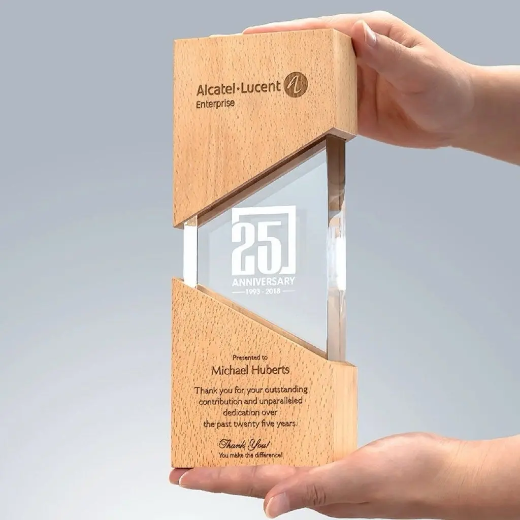 Customized wood and acrylic anniversary award shown at presentation scale