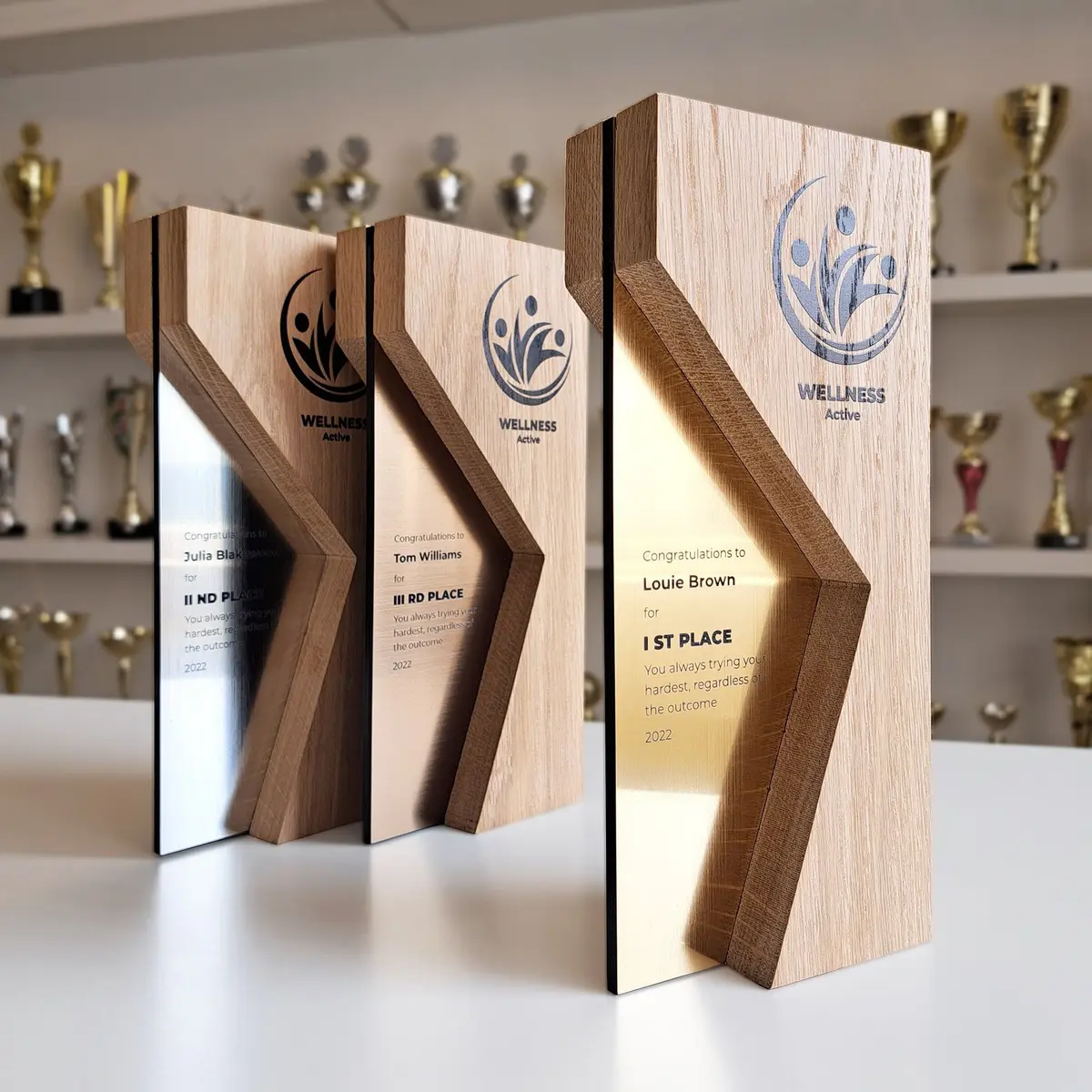 Modern customized wooden and metal awards displayed in a trophy showroom