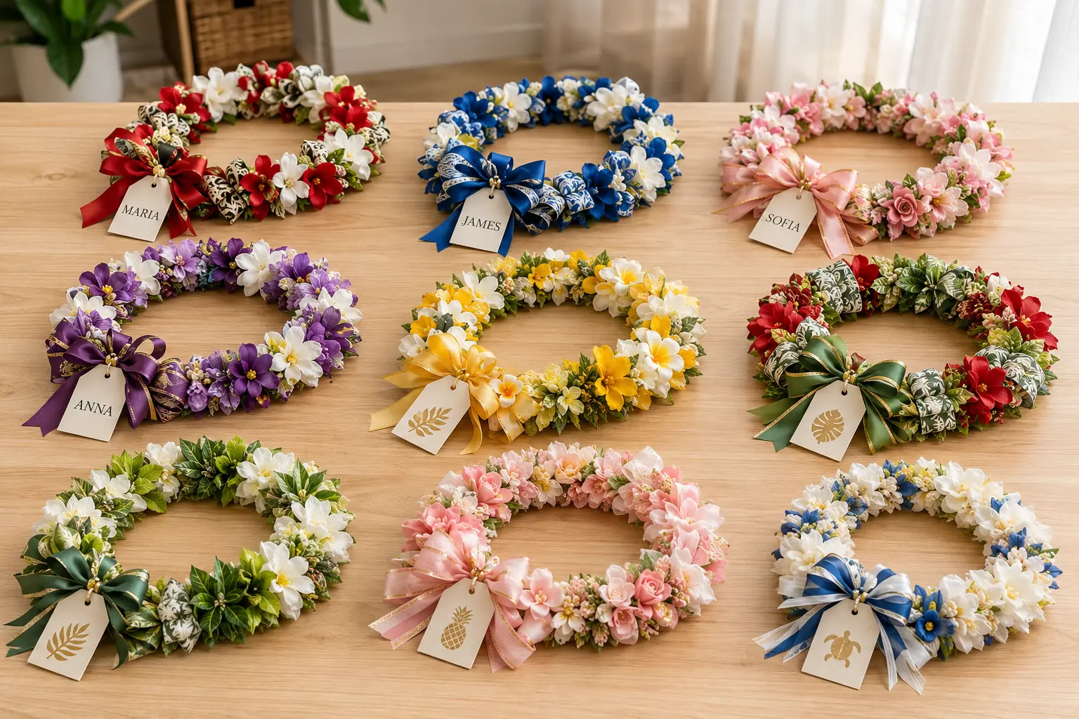 Several customized welcome leis in different colors with ribbons and personalized tags