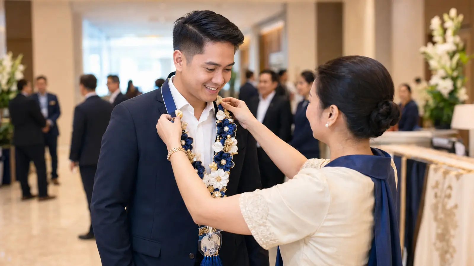 Guest receiving a customized welcome lei during a formal corporate event